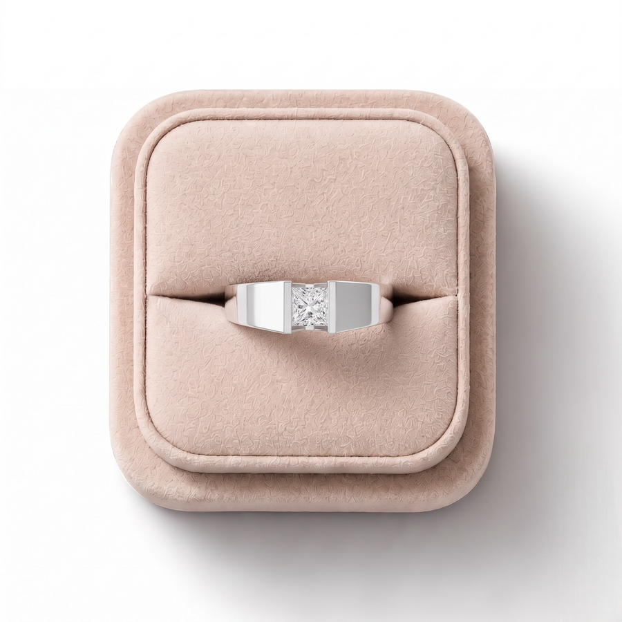 0.5 CT Princess Solitaire Tension Lab Grown Diamond Men’s Ring, on a white background