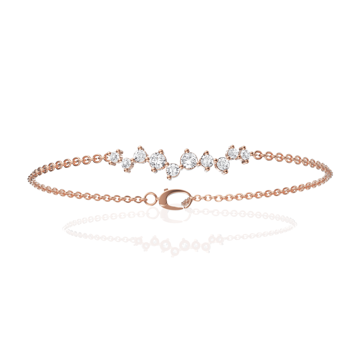 Delicate 18K rose gold bracelet featuring a linear cluster of seven round lab-grown diamonds in a prong setting.