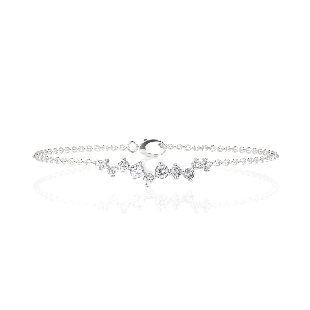 Delicate 0.50 Ct lab grown diamond bracelet in 18K gold with a linear cluster of round diamonds and secure clasp.