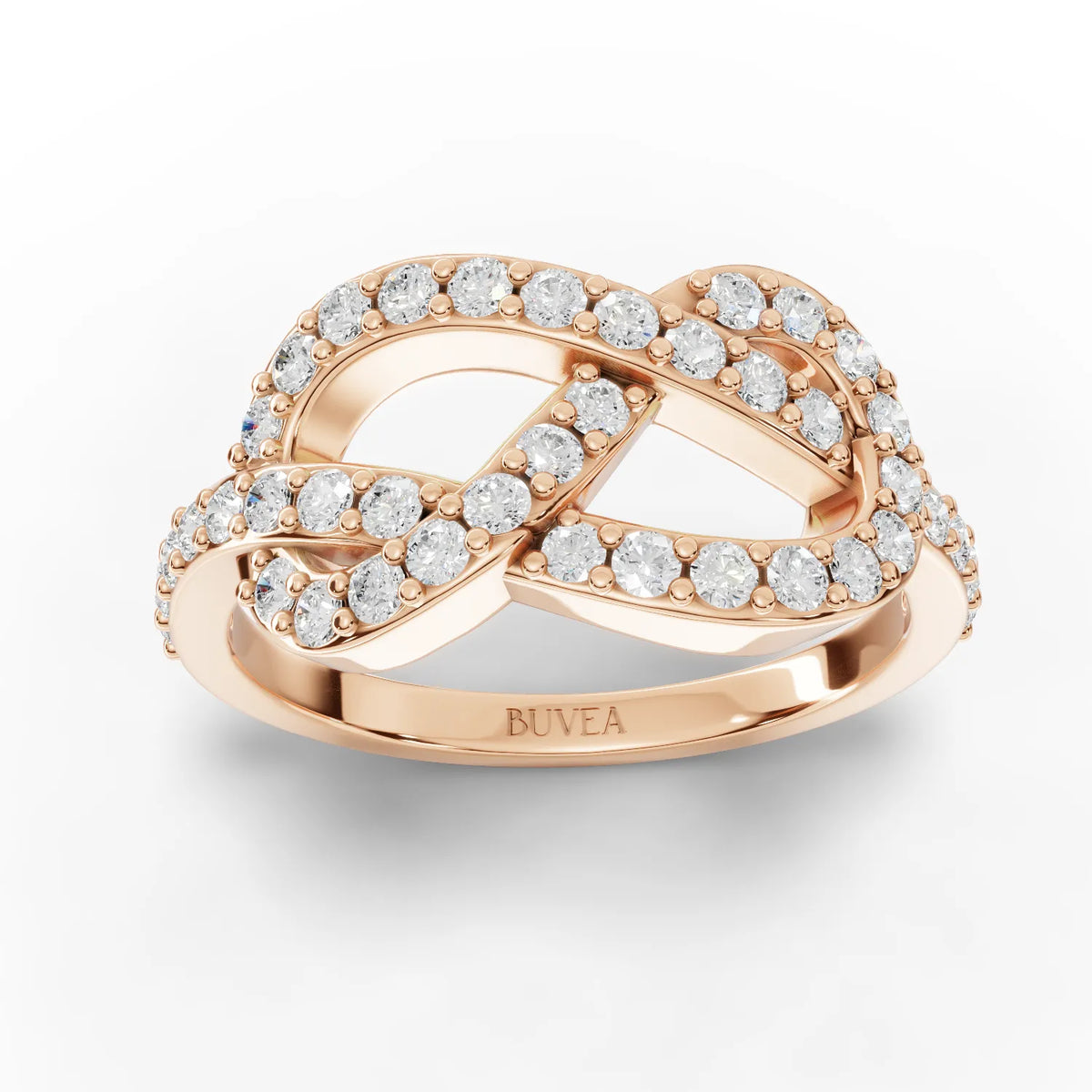 18K rose gold infinity motif ring featuring 0.53 CT round lab-grown diamonds in a intertwined design with pavé detailing.