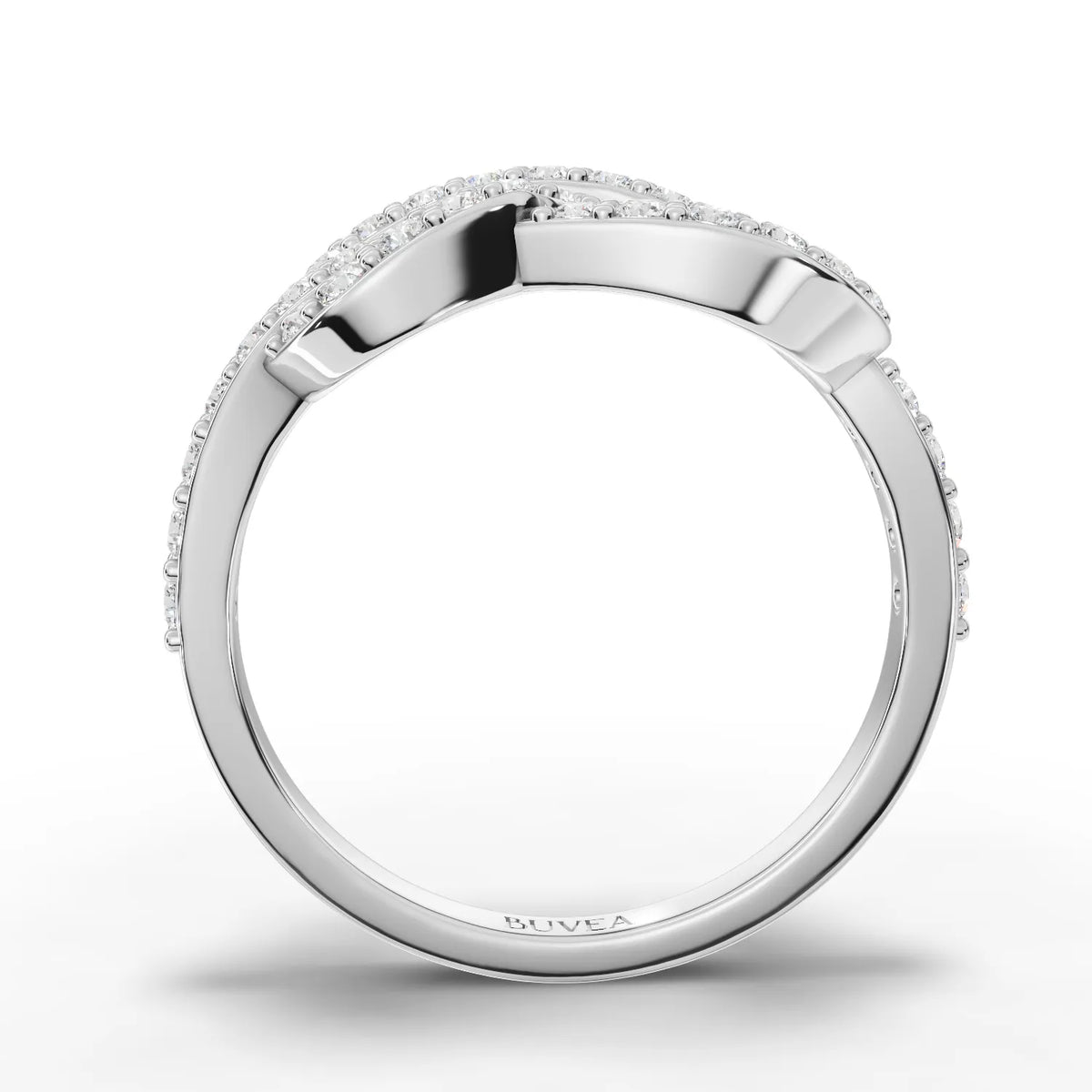 18K gold infinity motif lab diamond ring featuring pavé detailing and a smooth band with round diamonds along the curves.