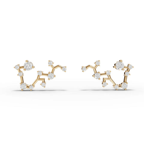 0.54 Ct Sagittarius lab diamond earrings in 18K gold, featuring round stones arranged in a constellation design.