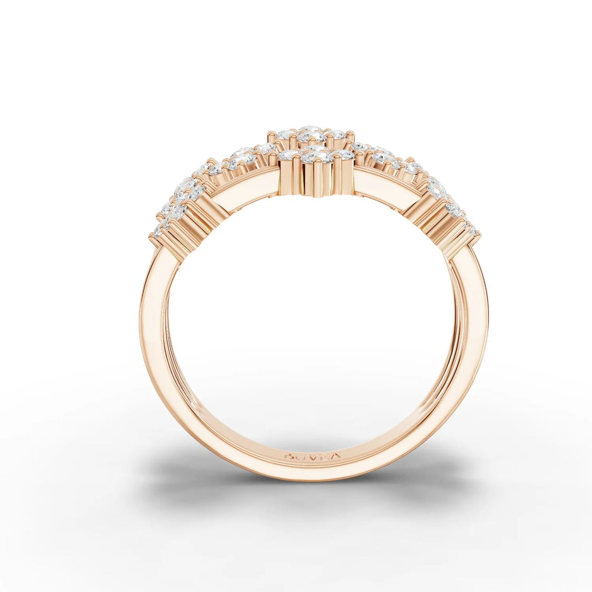 0.55 Ct triple row cluster ring in 18K rose gold features round lab grown diamonds set in floral clusters across three bands.