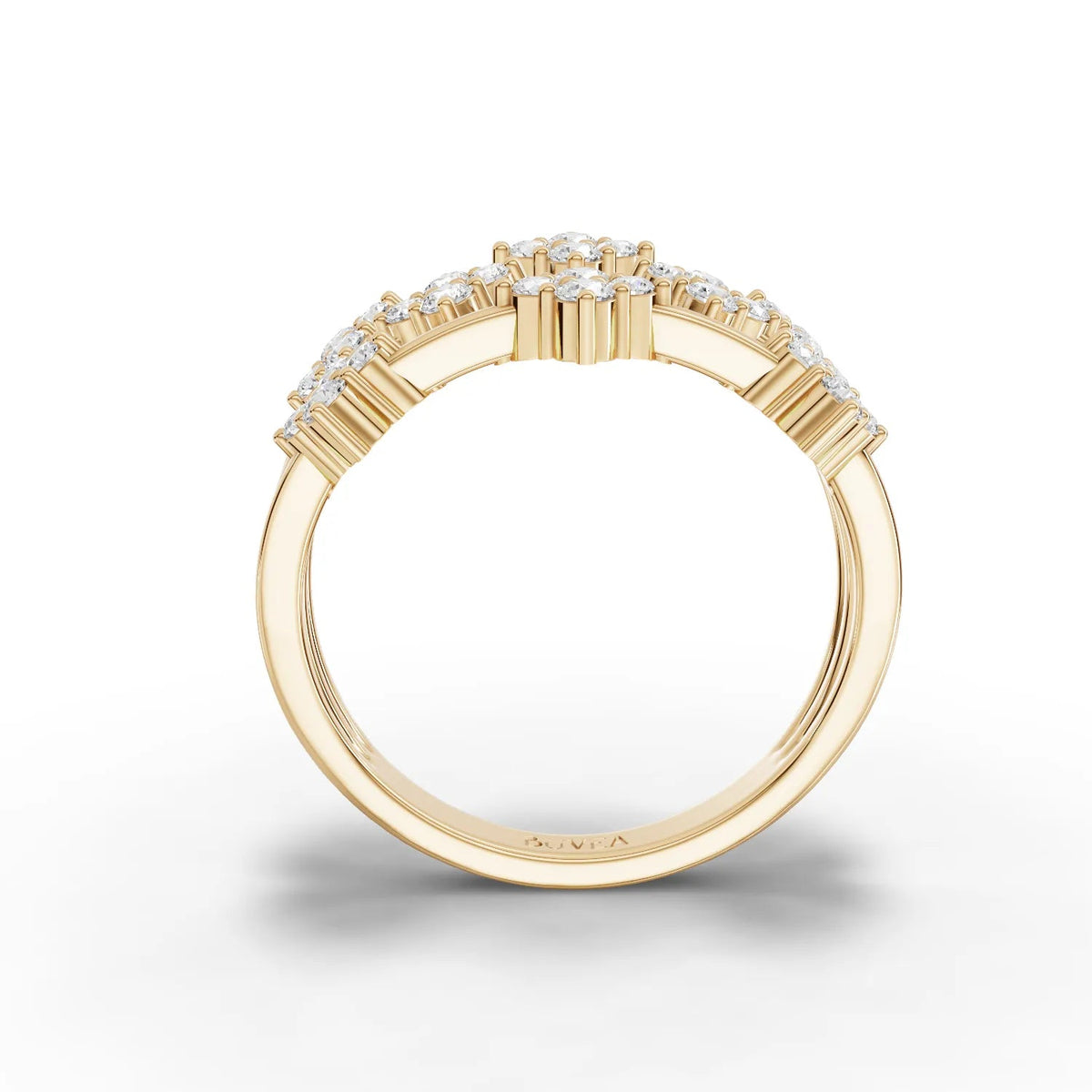 Triple row cluster ring featuring 0.55 Ct round lab grown diamonds set in an 18K gold band with floral pattern design.