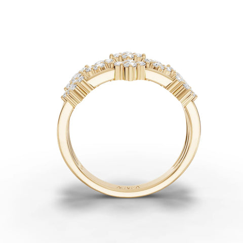 Triple row cluster ring featuring 0.55 Ct round lab grown diamonds set in an 18K gold band with floral pattern design.