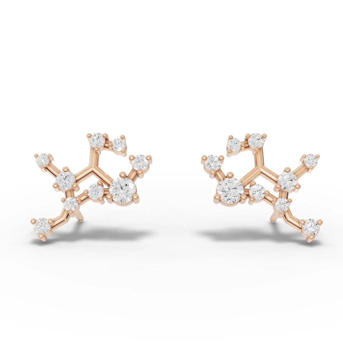 Virgo constellation earrings featuring a rose gold framework with calibrated round lab-grown diamonds in a structured design.