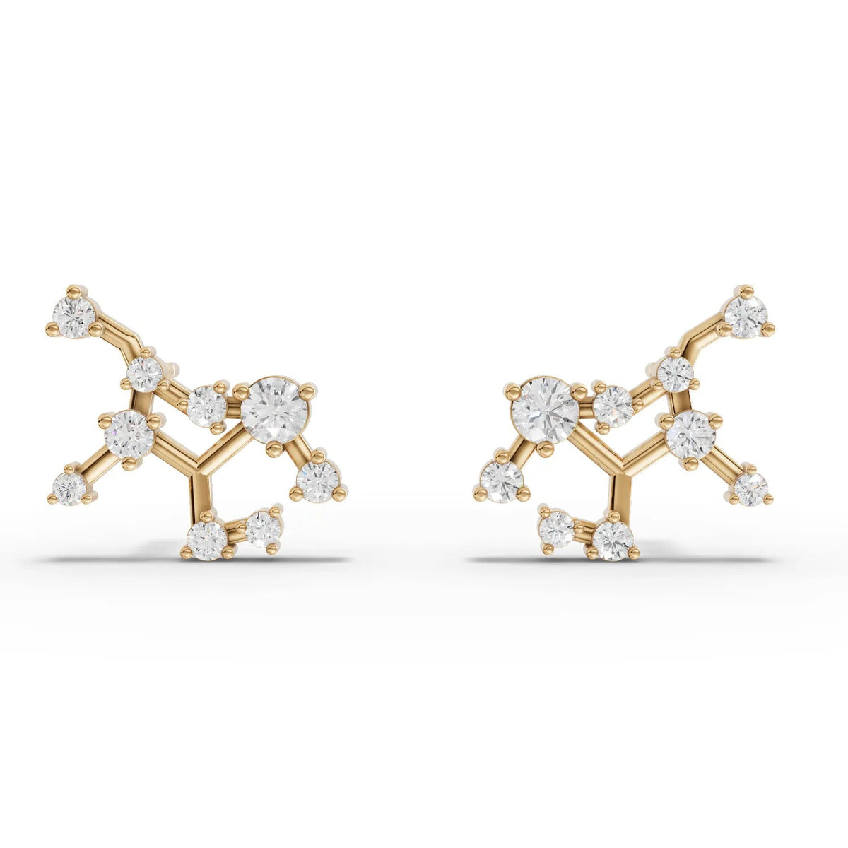 Lab-grown diamond earrings featuring a Virgo constellation design, set in an 18K gold framework with round stones.