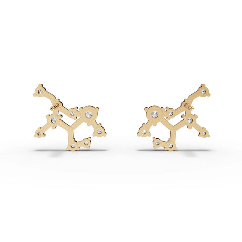 Elegant 18K gold Virgo constellation earrings featuring six round lab-grown diamonds in a structured design.
