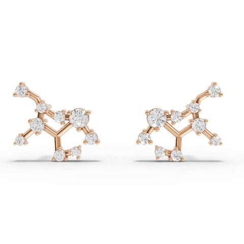 Virgo constellation lab-grown diamond earrings in 18K gold, featuring round diamonds with precise positioning and a unique layout.