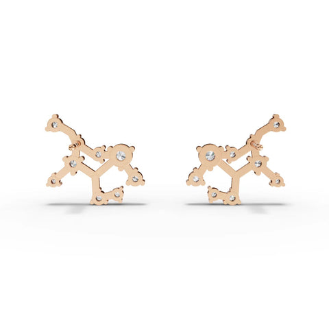Virgo constellation earrings in 18K gold, featuring round lab-grown diamonds set in a structured design.
