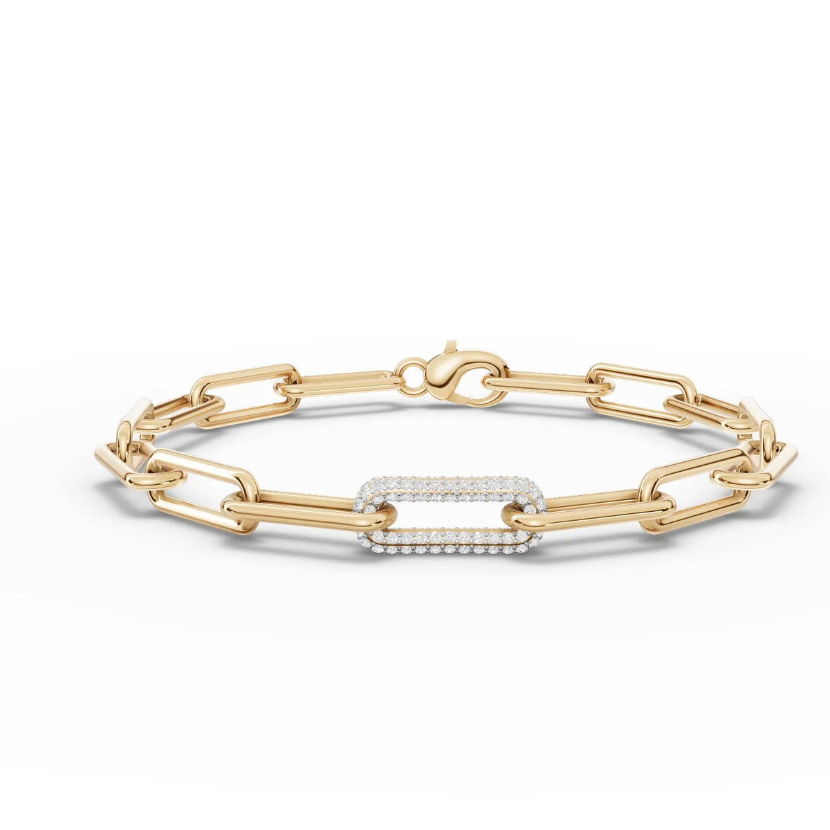 Round pavé link bracelet featuring elongated 18K gold links and a central pavé diamond accent. Polished finish enhances elegance.