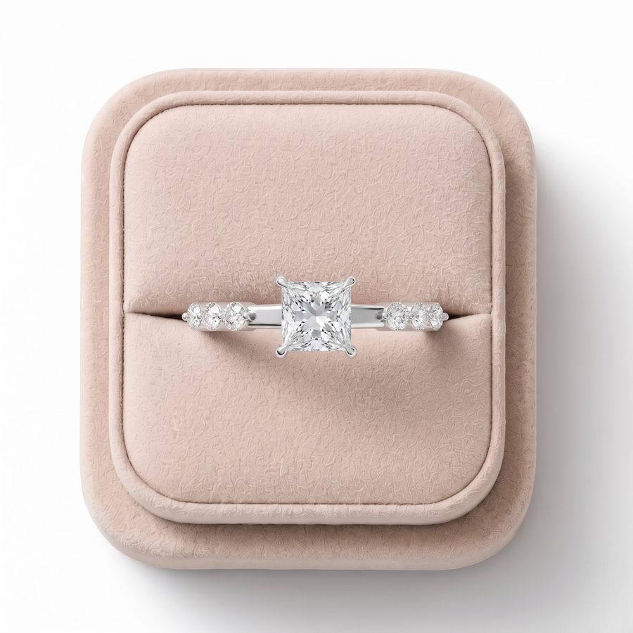 0.59 CT Princess Solitaire With Side Stone Lab Grown Diamond Ring, in its gift box