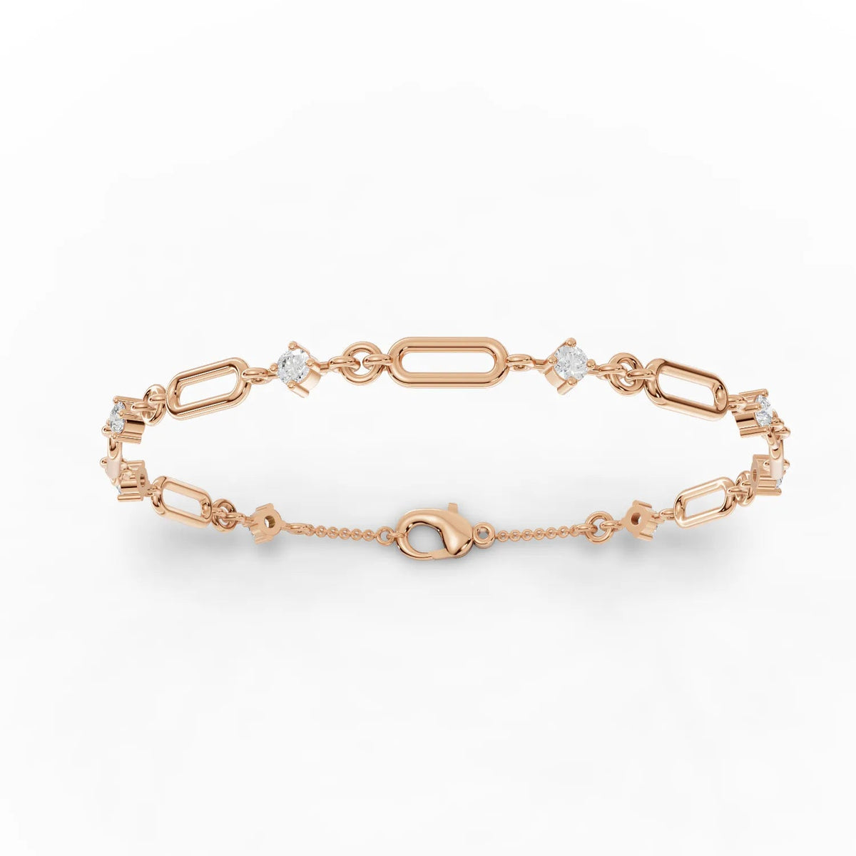 0.64 ct round lab diamond link bracelet in 18k gold with elongated open links and lobster clasp, showcasing a refined design.