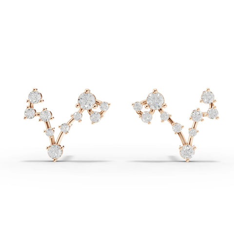 18K gold earrings featuring a linear constellation design with round lab-grown diamonds arranged to depict Pisces.