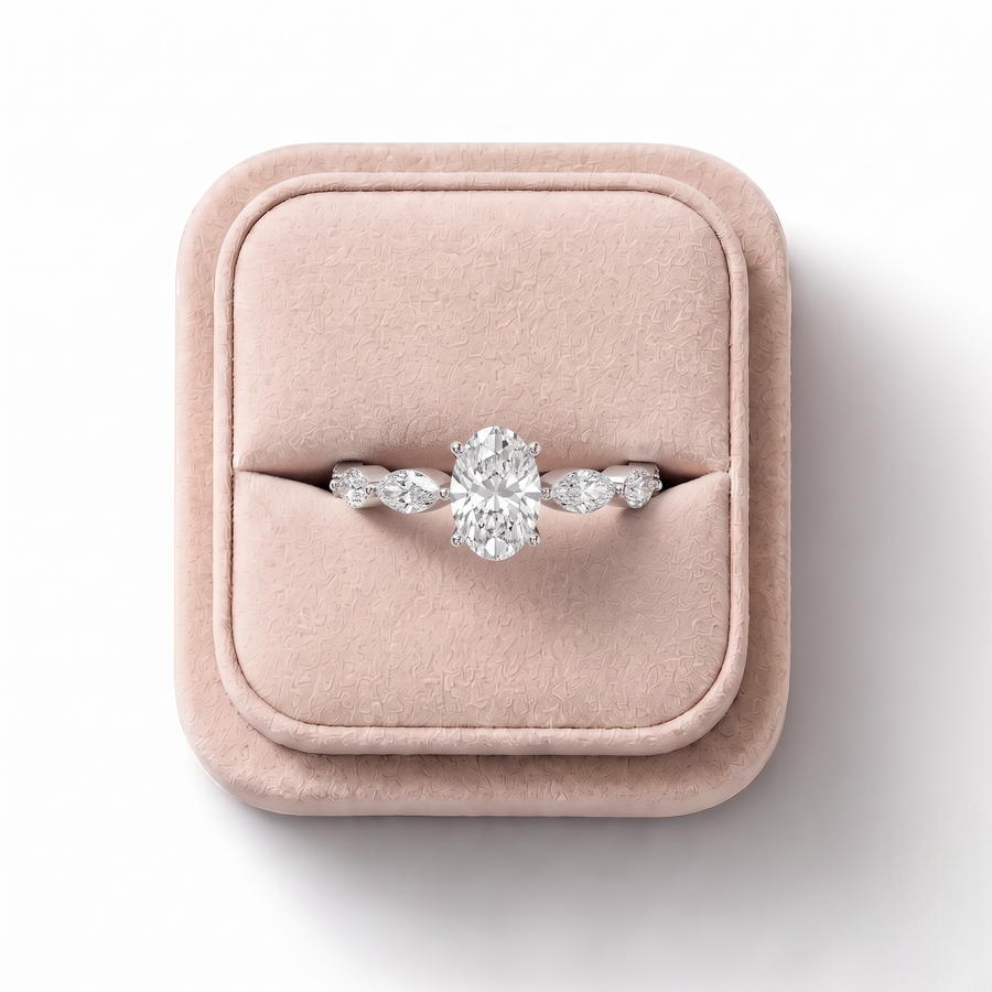 0.67 CT Oval Solitaire With Side Stone Lab Grown Diamond Ring, on a white background