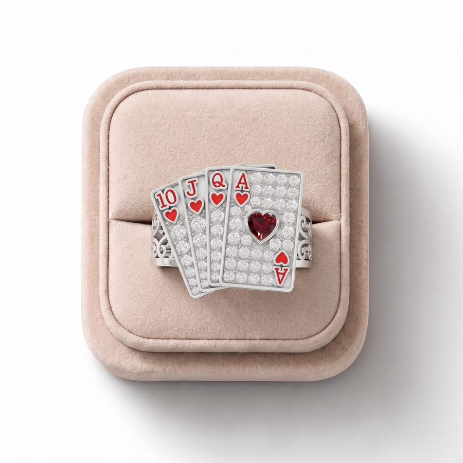 0.69 CT Royal Flush Playing Cards Lab Grown Diamond Ring in white gold, on a white background