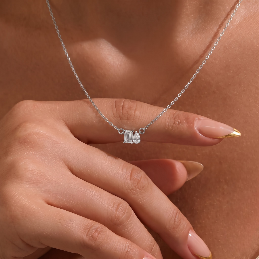 0.75 CT Emerald Cut Bezel Lab Grown Diamond Necklace, worn on the neck 2