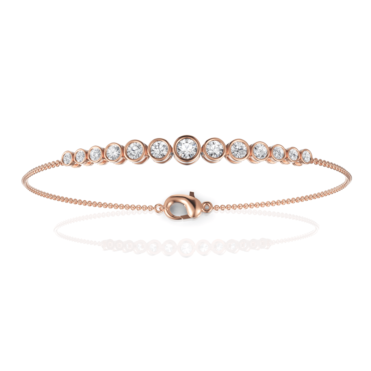 Round bezel lab diamond bracelet in rose gold with graduated stones and a delicate chain, featuring a lobster clasp.