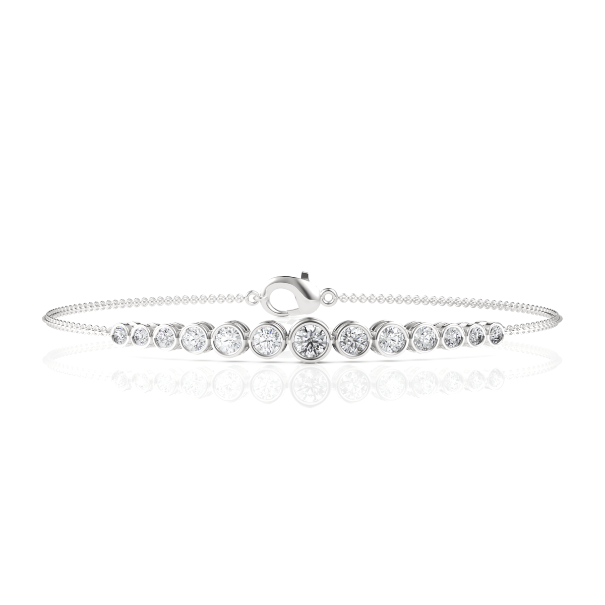 Round bezel-set lab grown diamonds graduated in size along a slender 18k gold chain, featuring a classic lobster clasp.