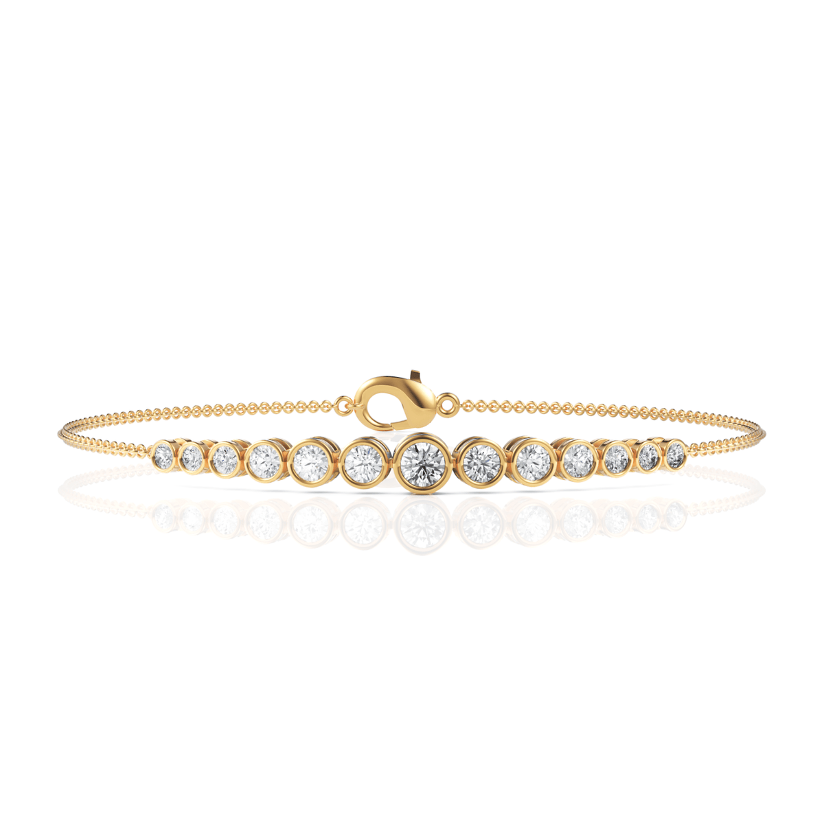 Elegant 0.76 Ct round bezel lab diamond bracelet features graduated diamonds set in an 18k gold chain with a lobster clasp.