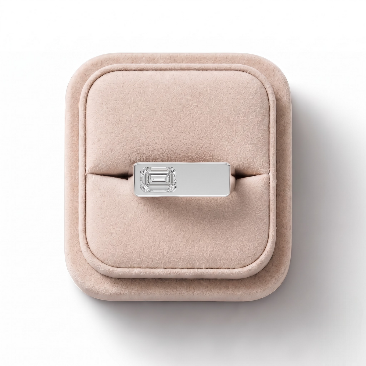 0.8 CT Emerald Signet Lab Grown Diamond Ring in white gold, on a white background