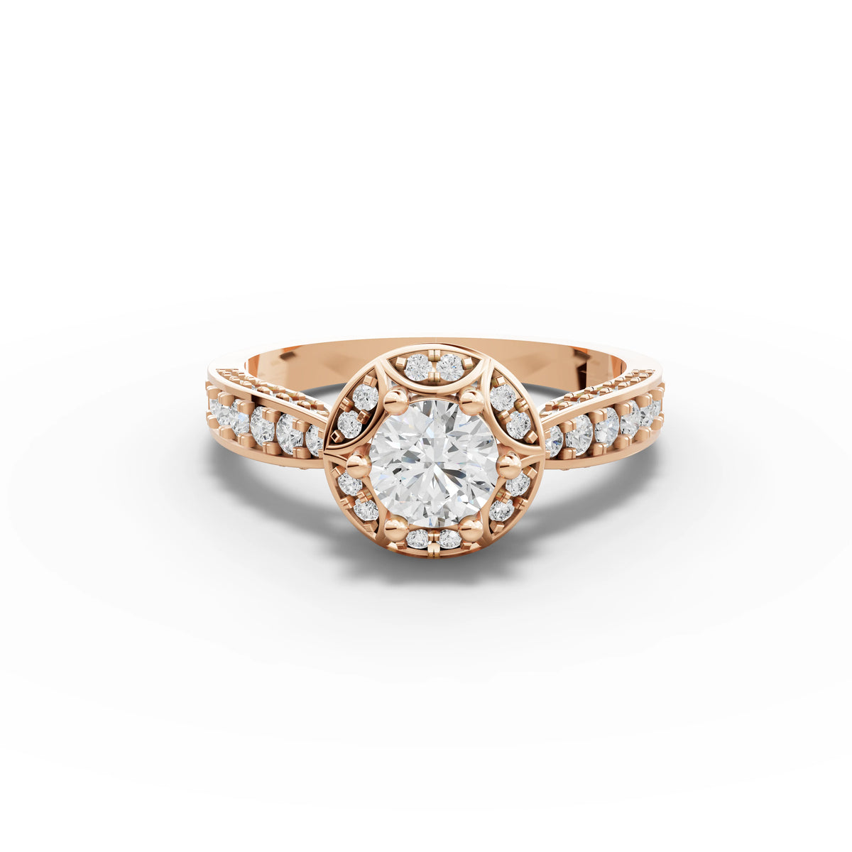 0.82 CT Round Halo With Pavé Lab Grown Diamond Band Ring in rose gold