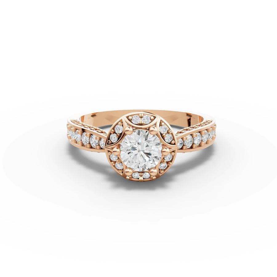 0.82 CT Round Halo With Pavé Lab Grown Diamond Band Ring in rose gold