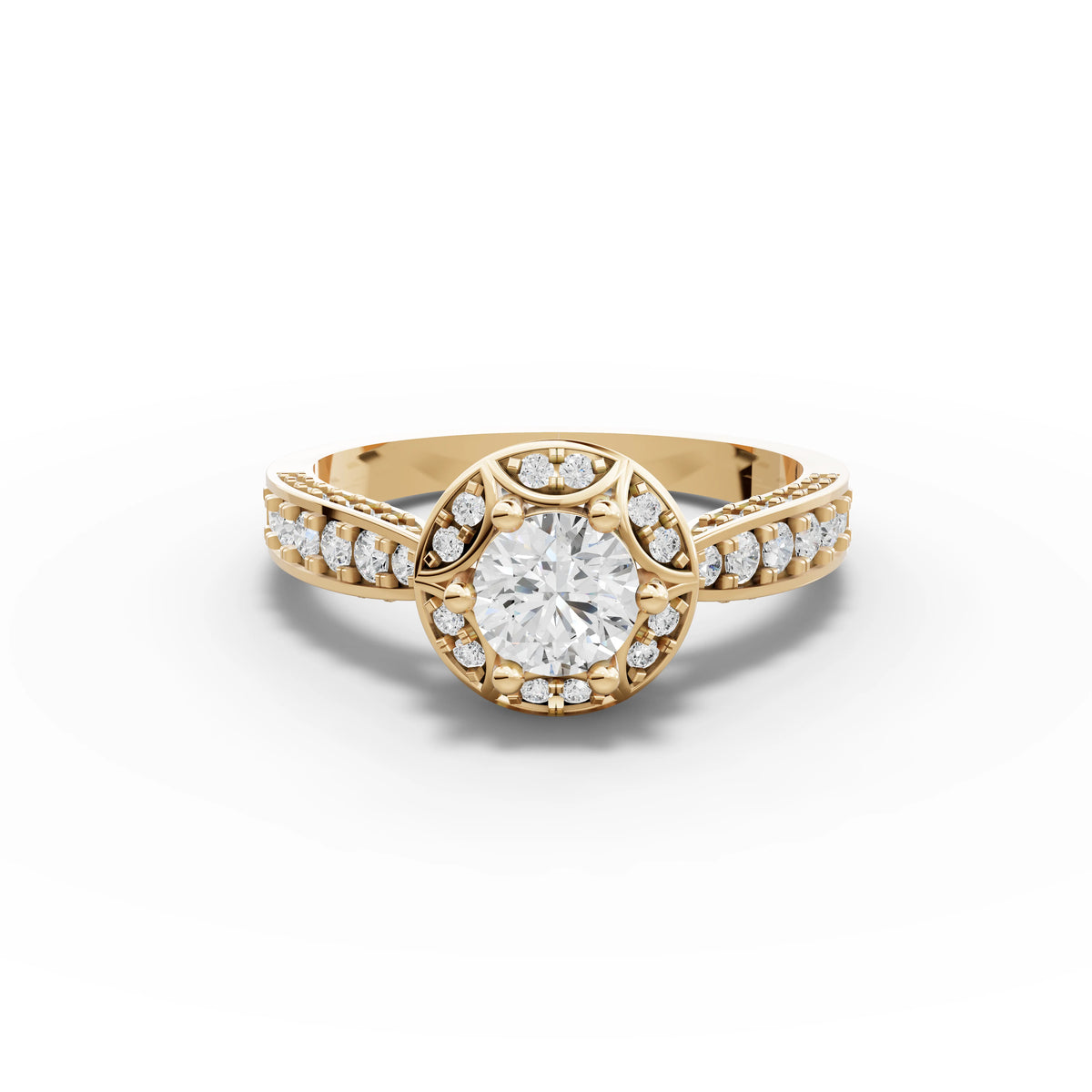 0.82 CT Round Halo With Pavé Lab Grown Diamond Band Ring in yellow gold