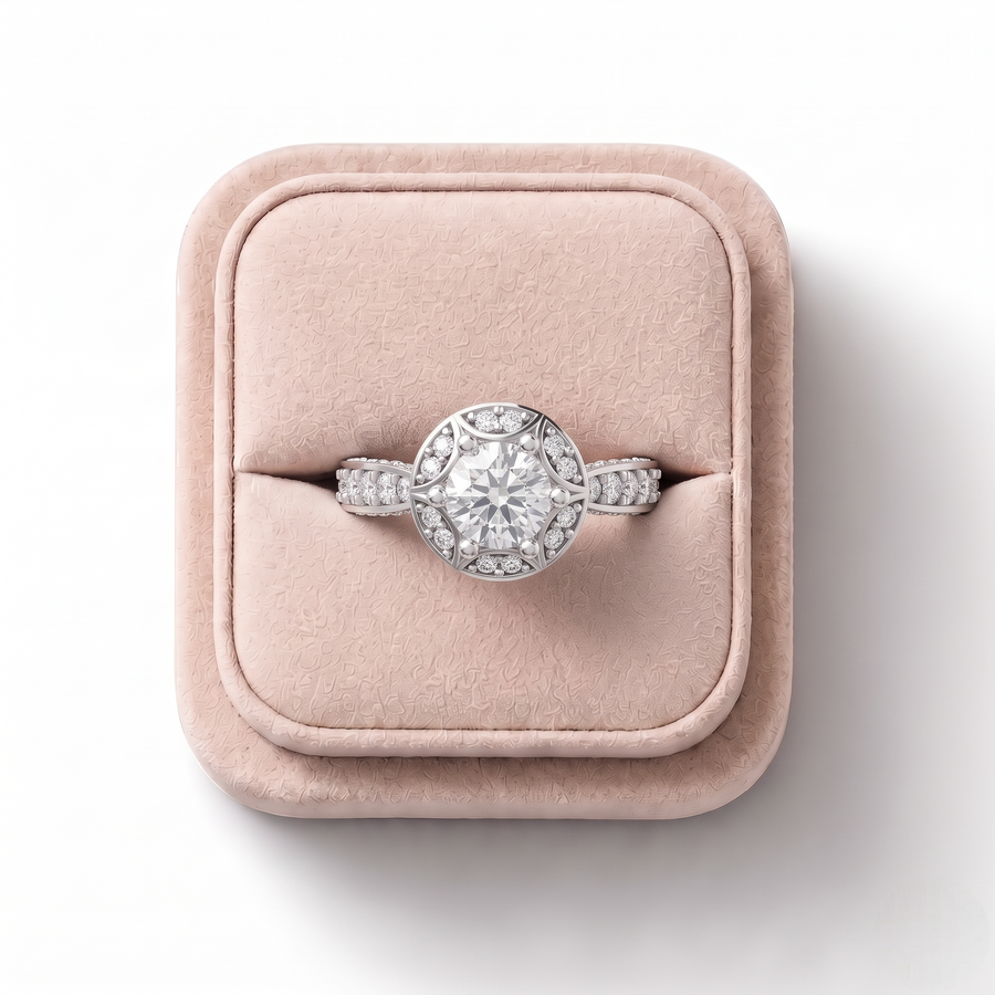 0.82 CT Round Halo With Pavé Lab Grown Diamond Band Ring, on a white background