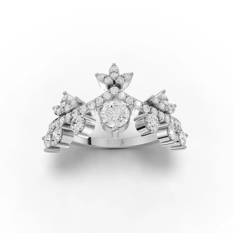 Crown-style lab diamond ring featuring a round center stone, accented by petal-shaped diamonds and a polished band.
