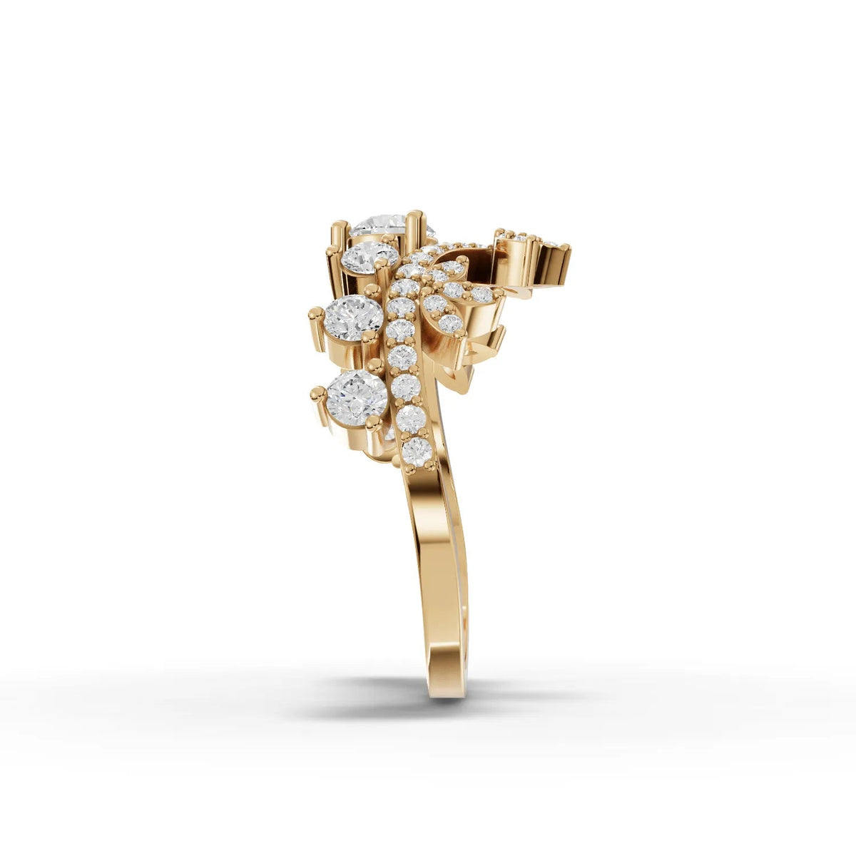 Crown-style lab diamond ring in yellow gold, featuring a round center stone and sparkling accent stones in floral motifs.