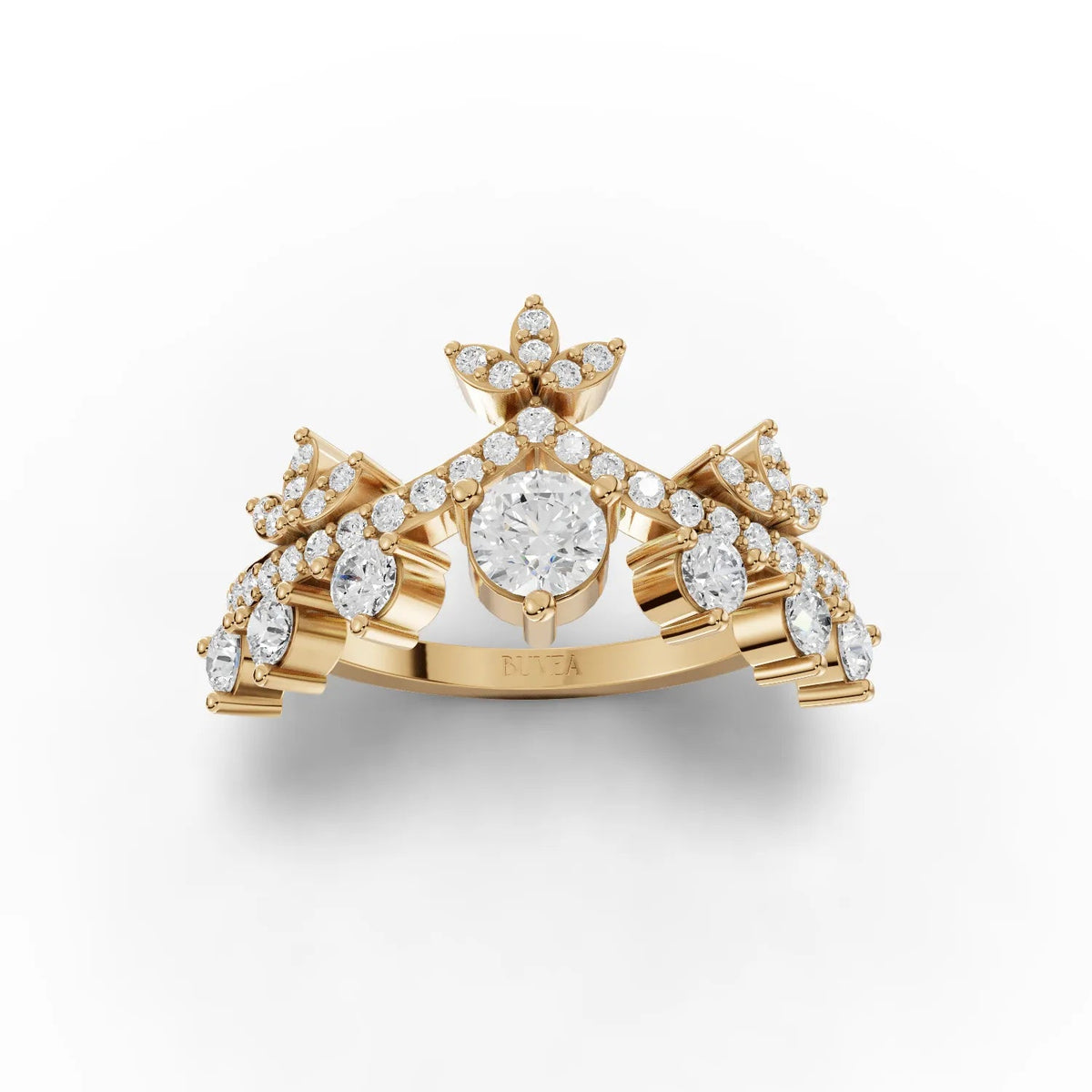 Crown-style lab diamond ring in yellow gold, featuring a round center stone and floral accent motifs with small diamonds.