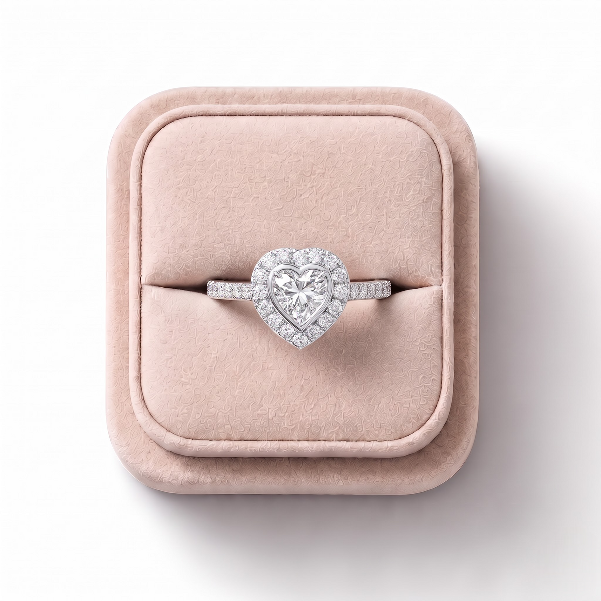 0.84 CT Heart Halo Pavé Lab Grown Diamond Band Ring, on a white background