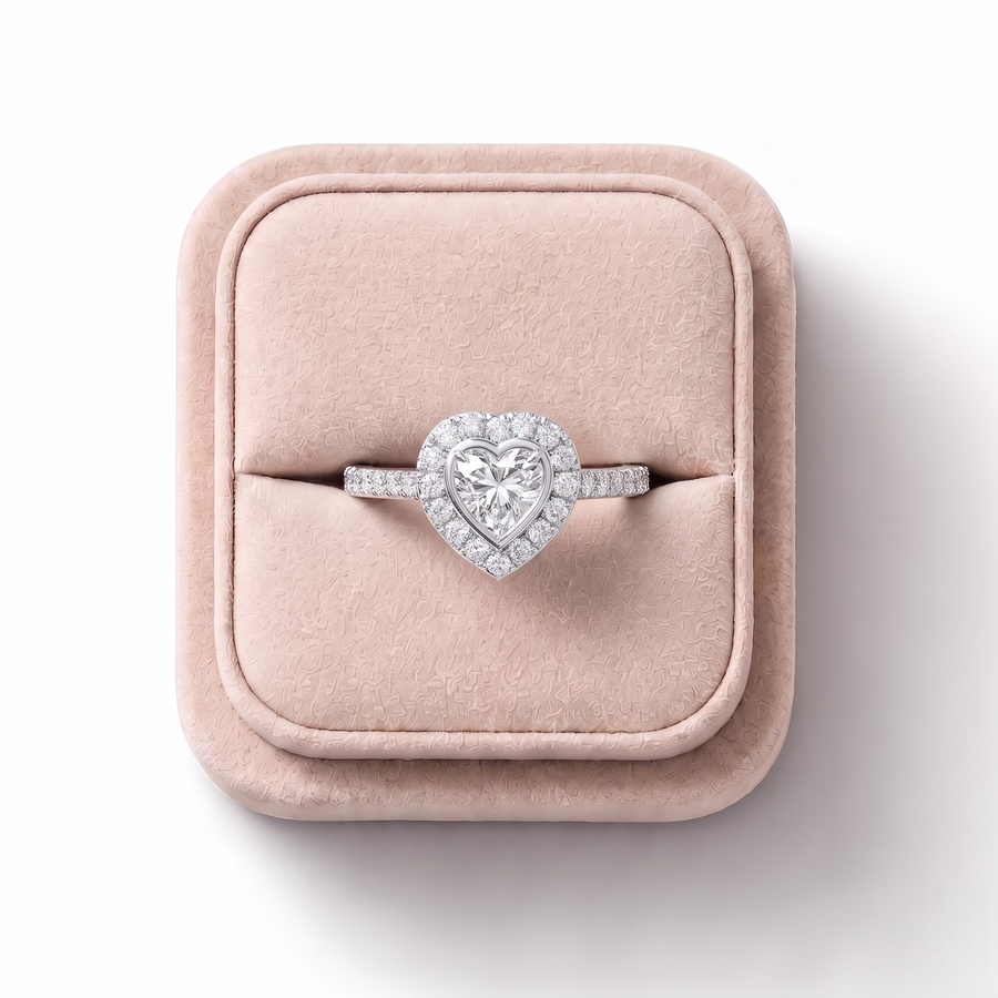 0.84 CT Heart Halo Pavé Lab Grown Diamond Band Ring, on a white background