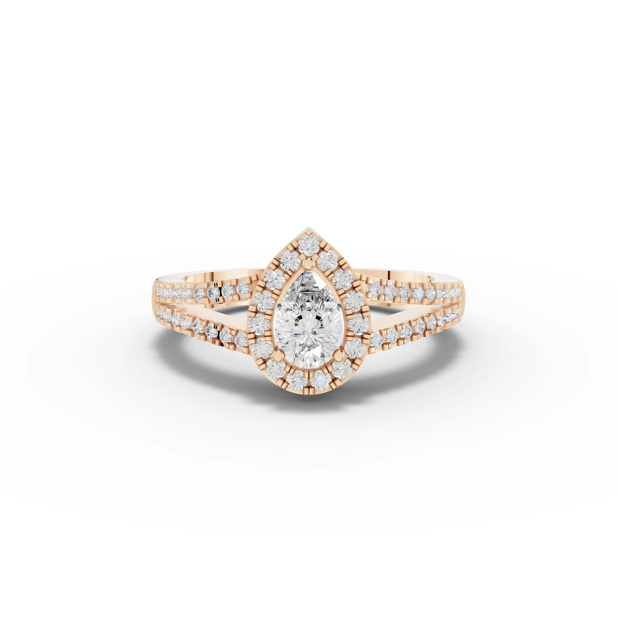 0.87 CT Pear Solitaire Halo Pavé Lab Grown Diamond Band Ring in rose gold