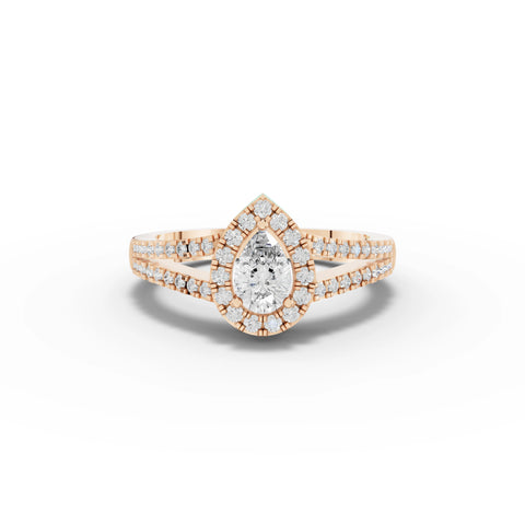 0.87 CT Pear Solitaire Halo Pavé Lab Grown Diamond Band Ring in rose gold