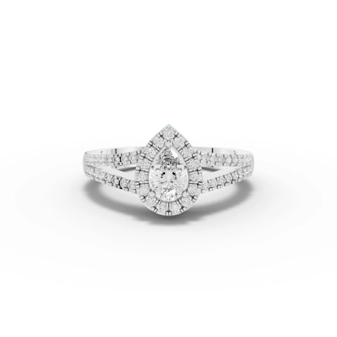 0.87 CT Pear Solitaire Halo Pavé Lab Grown Diamond Band Ring in white gold