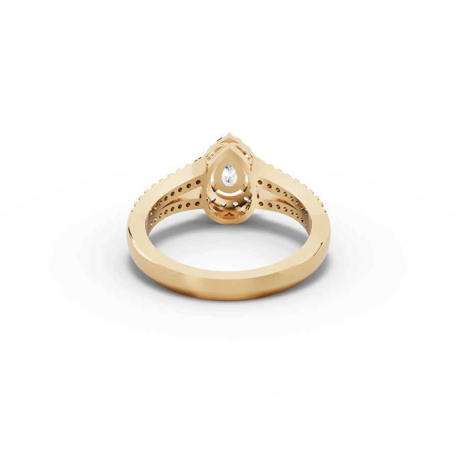 0.87 CT Pear Solitaire Halo Pavé Lab Grown Diamond Band Ring in yellow gold, view 3