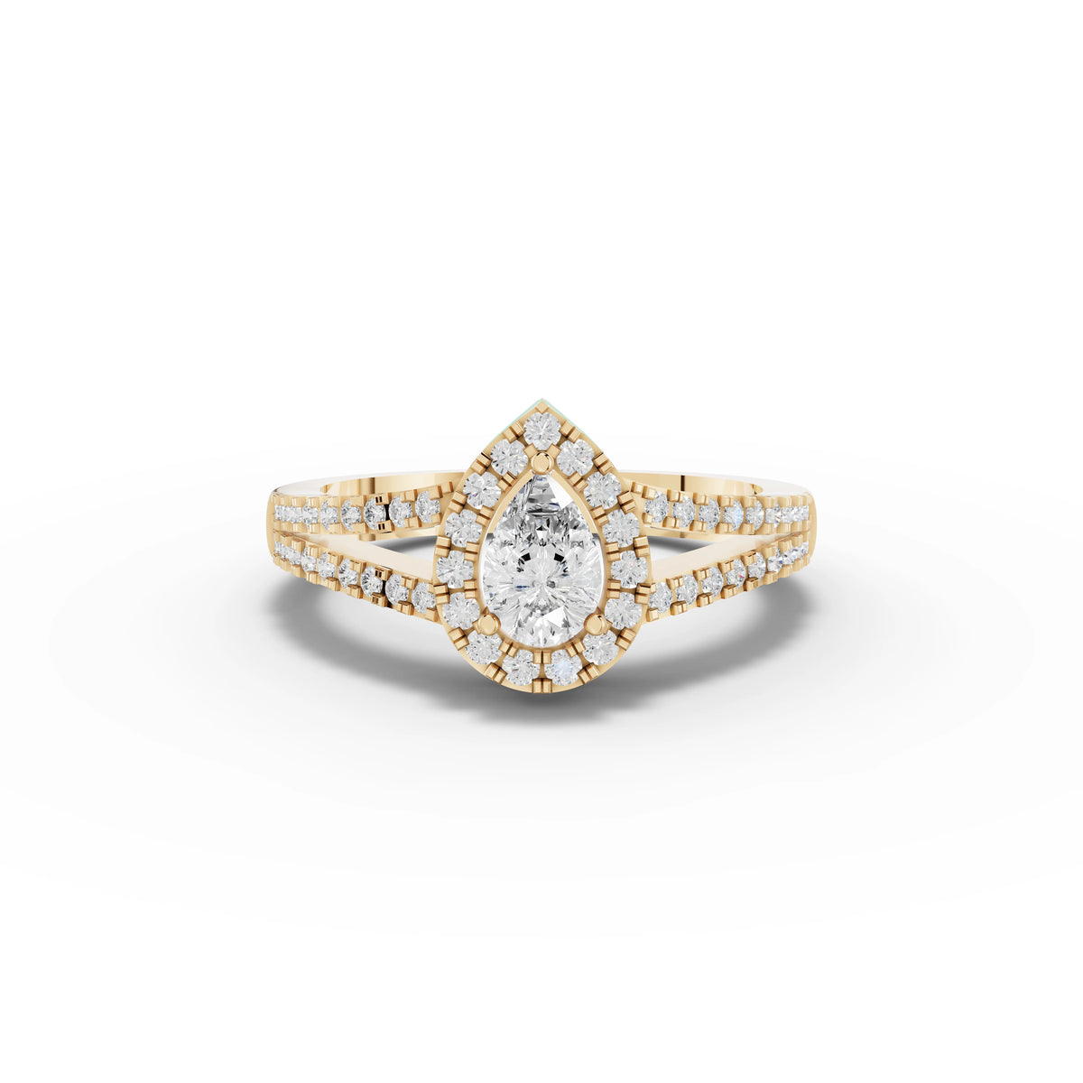 0.87 CT Pear Solitaire Halo Pavé Lab Grown Diamond Band Ring in yellow gold