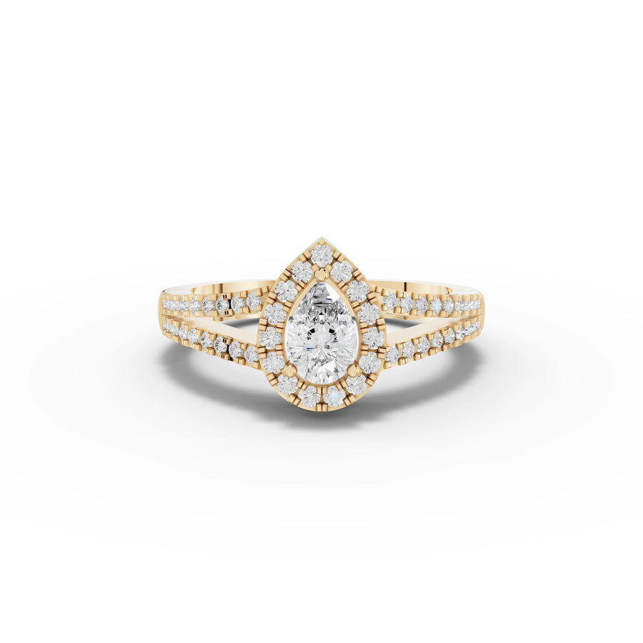 0.87 CT Pear Solitaire Halo Pavé Lab Grown Diamond Band Ring in yellow gold