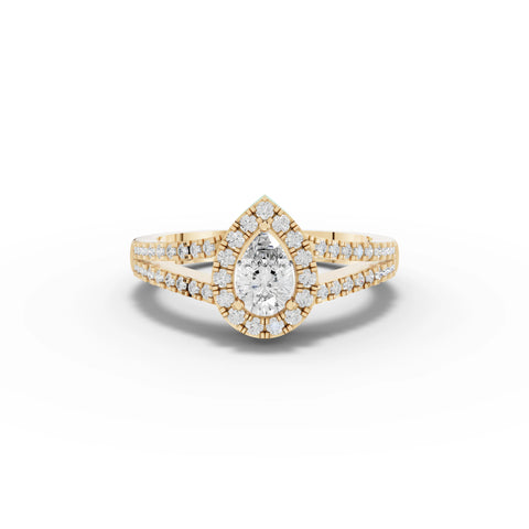 0.87 CT Pear Solitaire Halo Pavé Lab Grown Diamond Band Ring in yellow gold