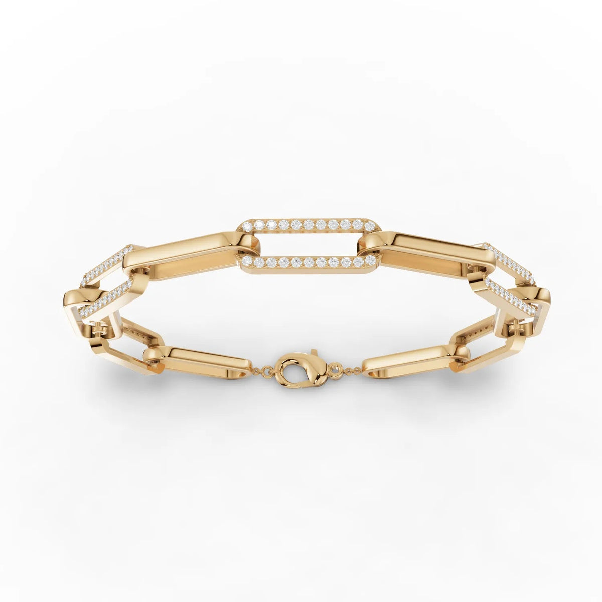 Pavé link diamond bracelet features elongated rectangular 18K gold links and round lab-grown diamonds for a modern design.