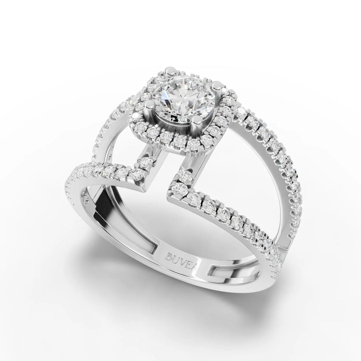 Round lab diamond ring featuring a square halo and split pavé band in 18K white gold. Subtle sparkle from accent stones.
