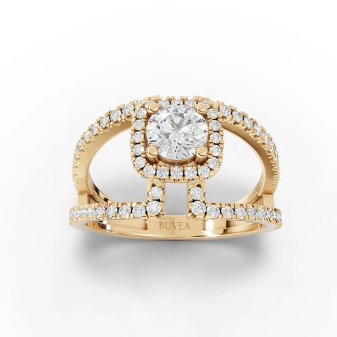 Round halo ring featuring a central lab-grown diamond set in a square halo, with a split 18K gold band and pavé accents.