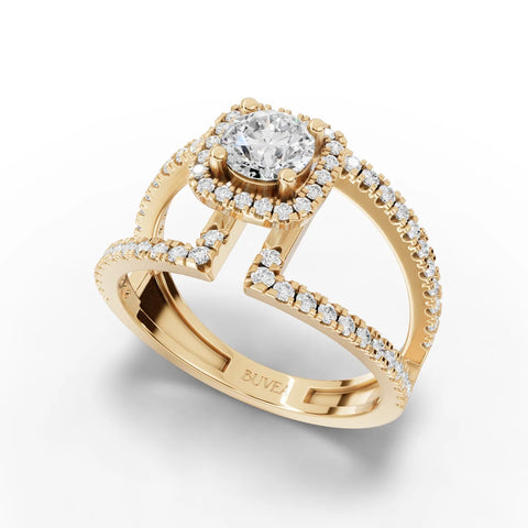 Round lab-grown diamond at the center of a square halo, set in an 18K gold split band with pavé accents.