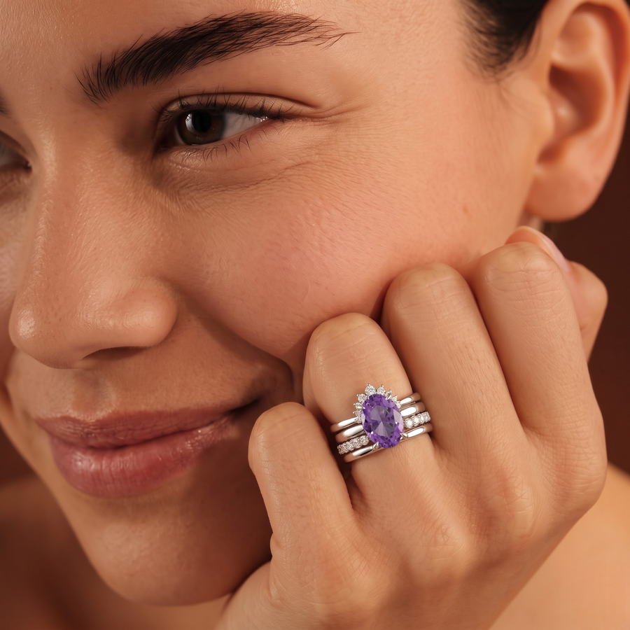 0.92 CT Oval Amethyst With Side Band Lab Grown Diamond Bridal Set, worn on the hand 2