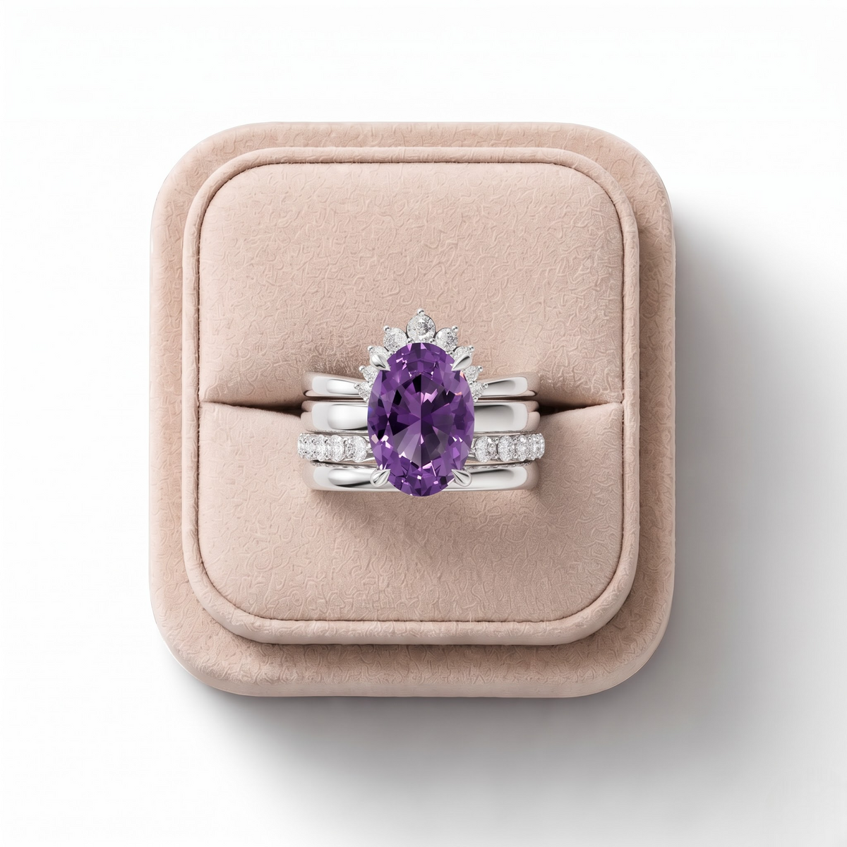 0.92 CT Oval Amethyst With Side Band Lab Grown Diamond Bridal Set