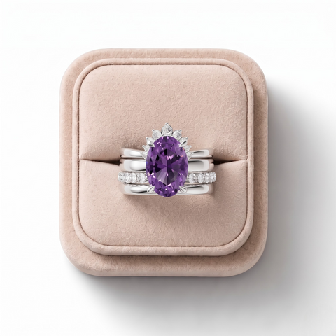 0.92 CT Oval Amethyst With Side Band Lab Grown Diamond Bridal Set