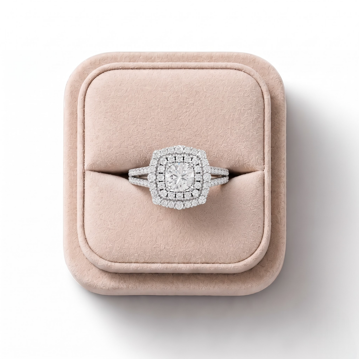 0.93 CT Round Double Halo Lab Grown Diamond Ring in white gold, on a white background