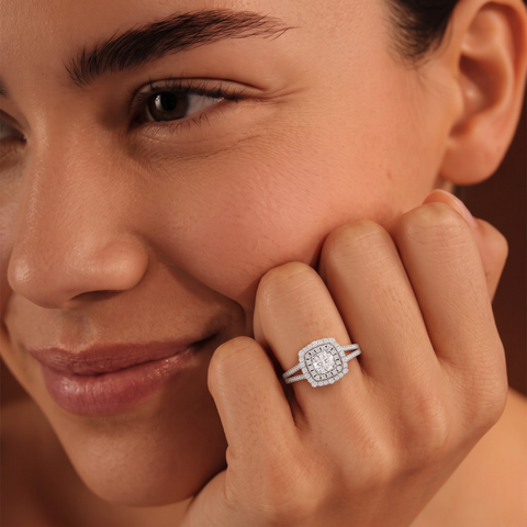 0.93 CT Round Double Halo Lab Grown Diamond Ring, worn on the hand 2